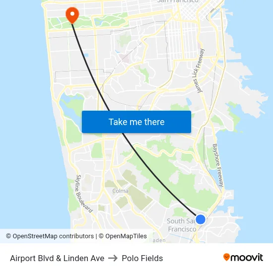 Airport Blvd & Linden Ave to Polo Fields map