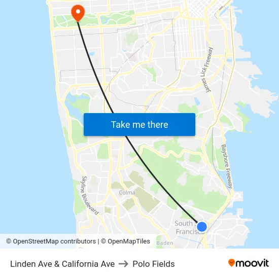 Linden Ave & California Ave to Polo Fields map