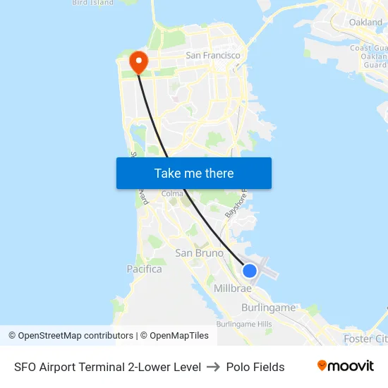 SFO Airport Terminal 2-Lower Level to Polo Fields map