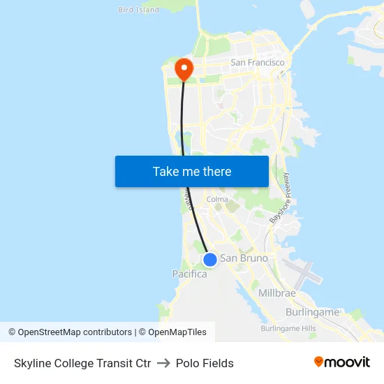 Skyline College Transit Ctr to Polo Fields map