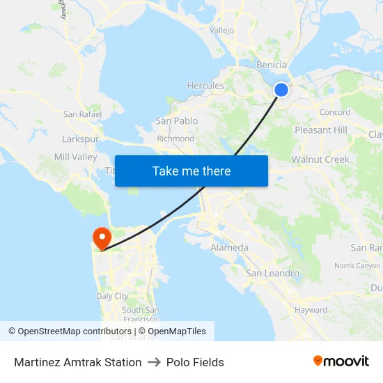 Martinez Amtrak Station to Polo Fields map