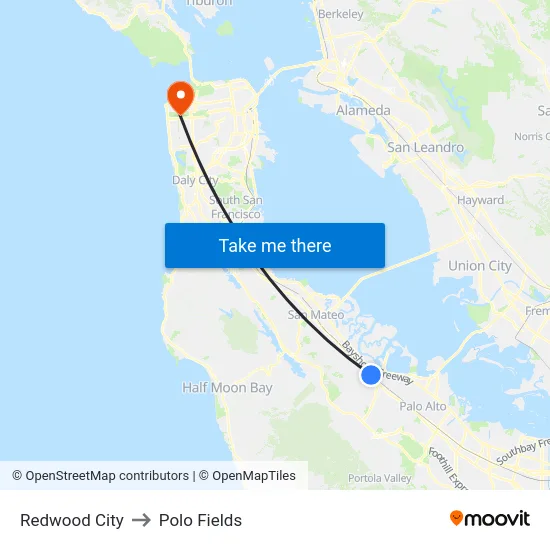 Redwood City to Polo Fields map