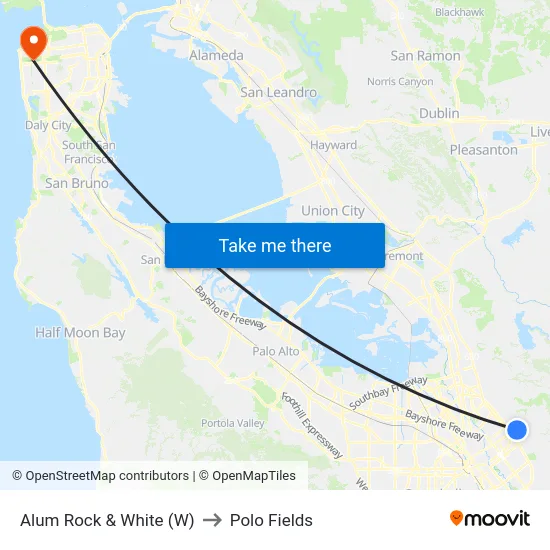 Alum Rock & White (W) to Polo Fields map