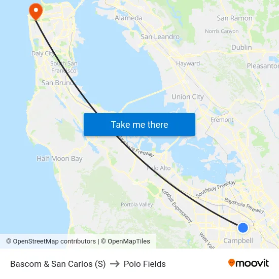 Bascom & San Carlos (S) to Polo Fields map
