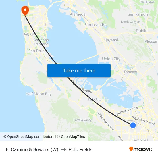 El Camino & Bowers (W) to Polo Fields map