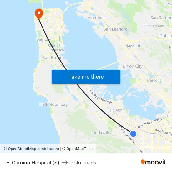 El Camino Hospital (S) to Polo Fields map