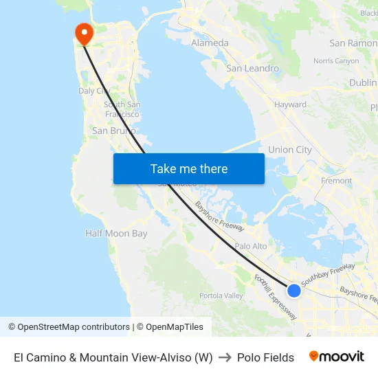El Camino & Mountain View-Alviso (W) to Polo Fields map