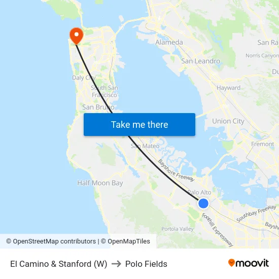 El Camino & Stanford (W) to Polo Fields map