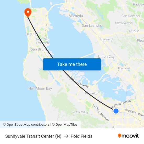 Sunnyvale Transit Center (N) to Polo Fields map
