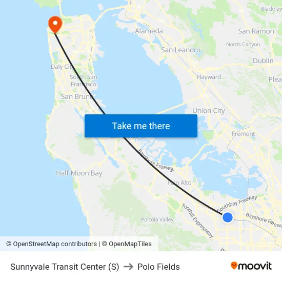 Sunnyvale Transit Center (S) to Polo Fields map
