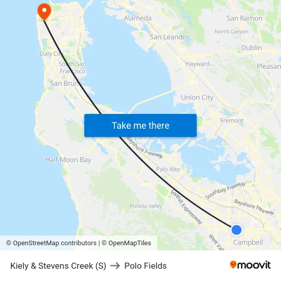 Kiely & Stevens Creek (S) to Polo Fields map