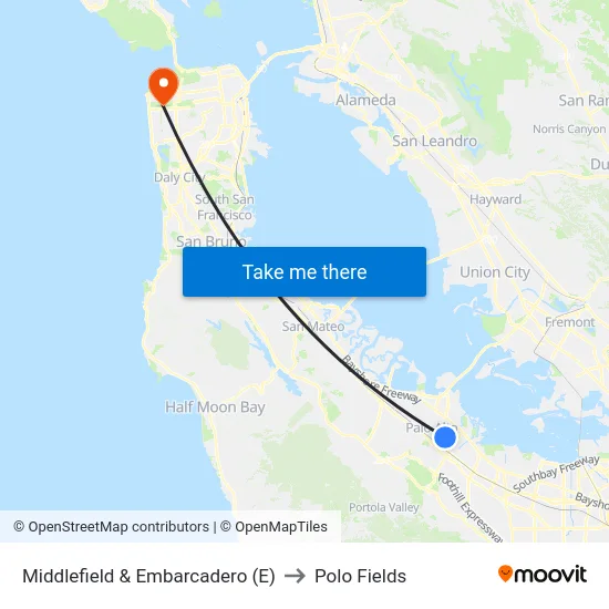 Middlefield & Embarcadero (E) to Polo Fields map
