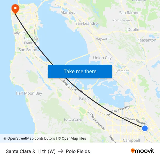 Santa Clara & 11th (W) to Polo Fields map