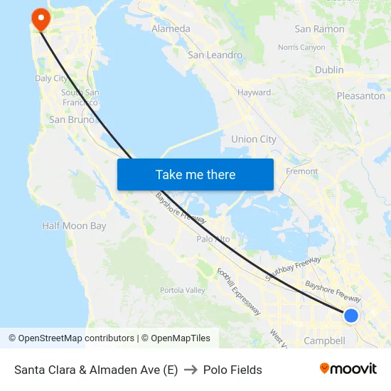 Santa Clara & Almaden Ave (E) to Polo Fields map