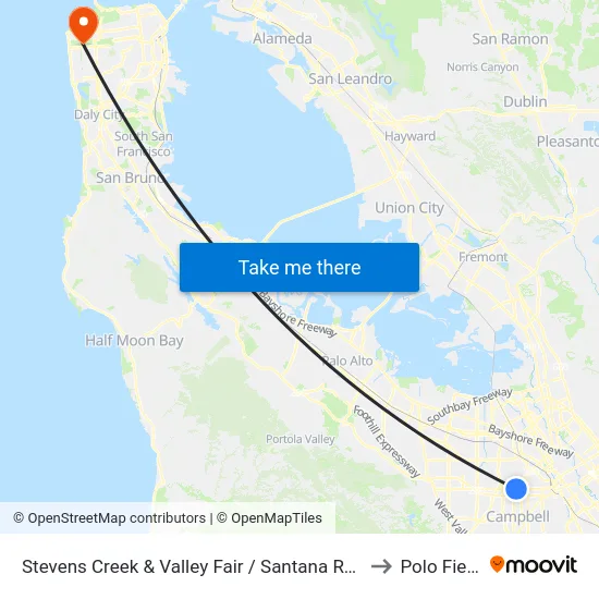 Stevens Creek & Valley Fair / Santana Row (W) to Polo Fields map