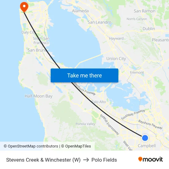 Stevens Creek & Winchester (W) to Polo Fields map