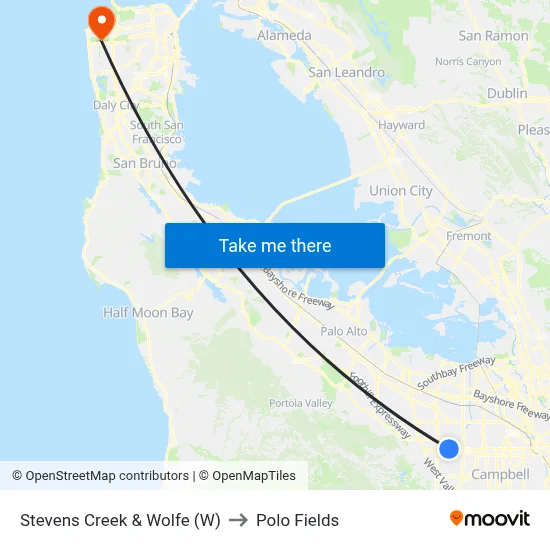 Stevens Creek & Wolfe (W) to Polo Fields map