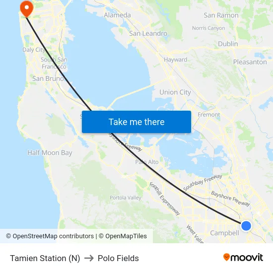 Tamien Station (N) to Polo Fields map