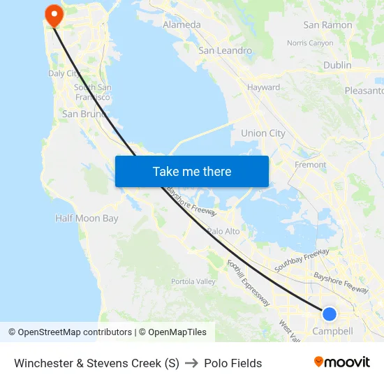 Winchester & Stevens Creek (S) to Polo Fields map