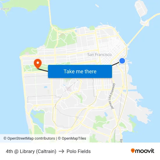4th @ Library (Caltrain) to Polo Fields map