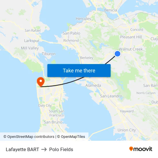 Lafayette BART to Polo Fields map