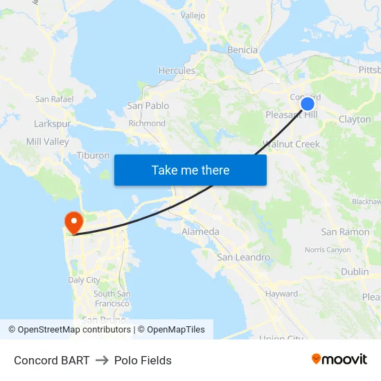 Concord BART to Polo Fields map