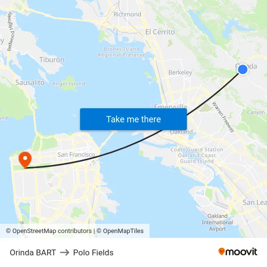 Orinda BART to Polo Fields map