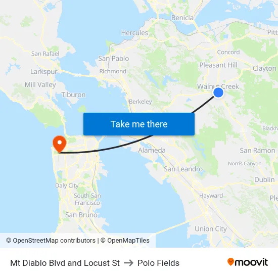 Mt Diablo Blvd and Locust St to Polo Fields map