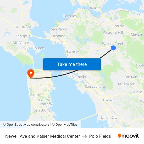 Newell Ave and Kaiser Medical Center to Polo Fields map