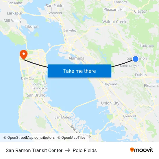 San Ramon Transit Center to Polo Fields map