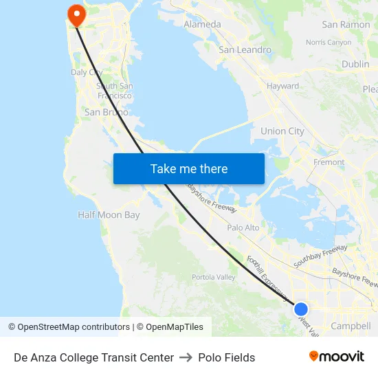 De Anza College Transit Center to Polo Fields map