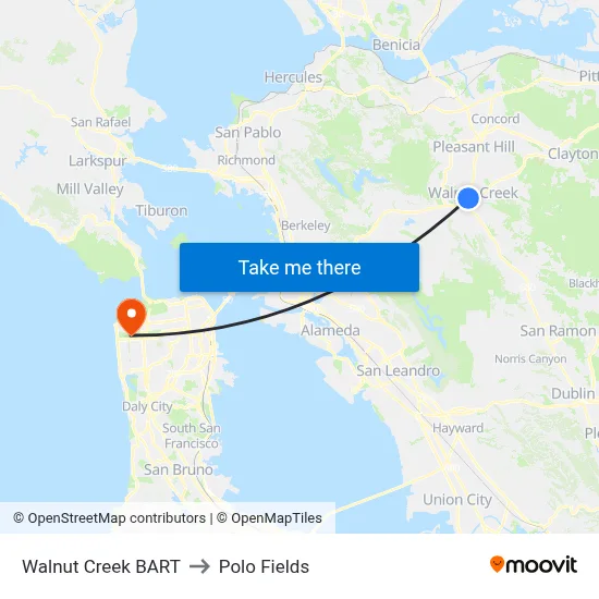 Walnut Creek BART to Polo Fields map