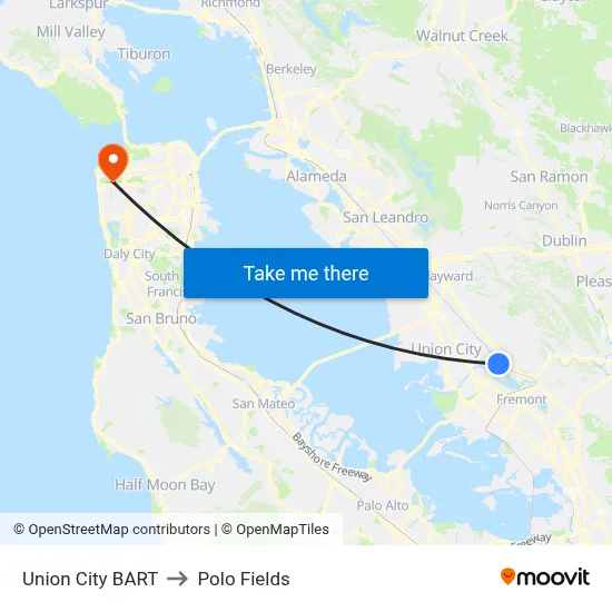 Union City BART to Polo Fields map