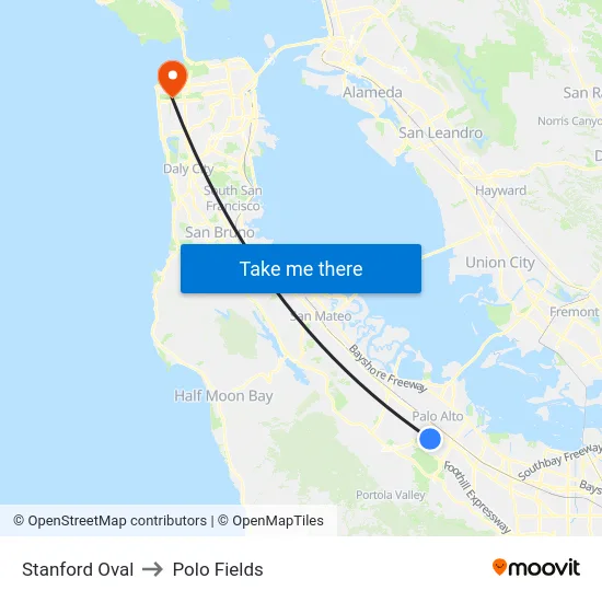 Stanford Oval to Polo Fields map