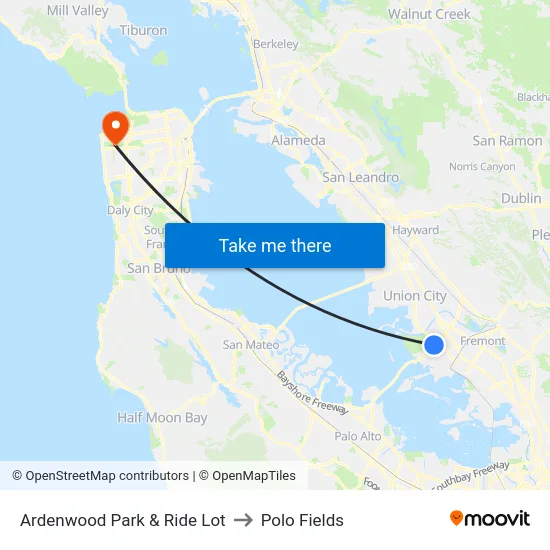 Ardenwood Park & Ride Lot to Polo Fields map