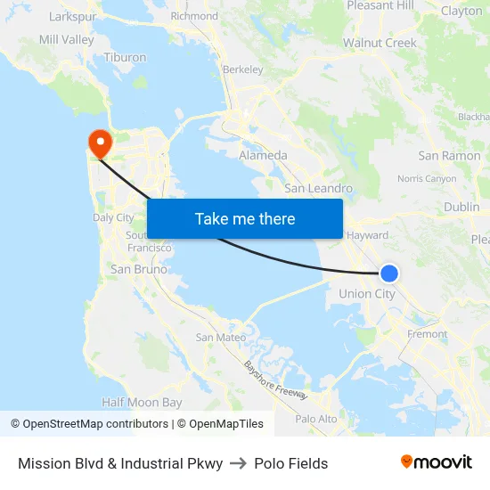 Mission Blvd & Industrial Pkwy to Polo Fields map