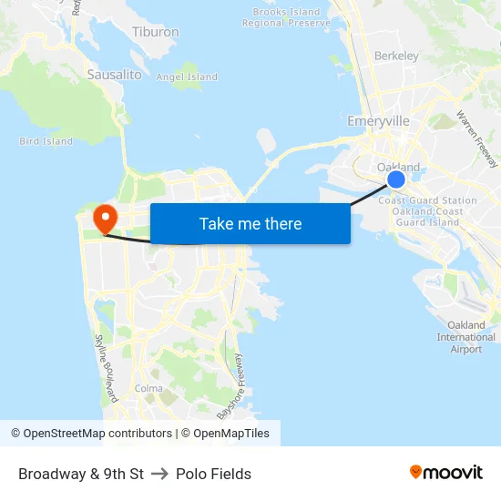 Broadway & 9th St to Polo Fields map
