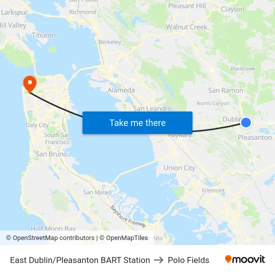 East Dublin/Pleasanton BART Station to Polo Fields map