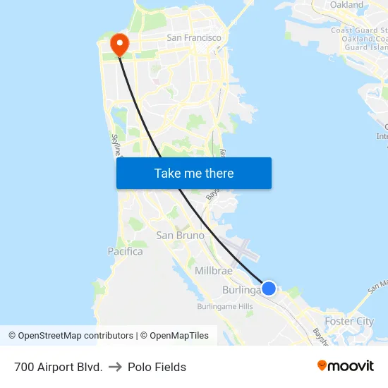 700 Airport Blvd. to Polo Fields map