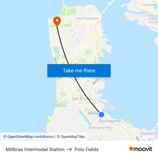 Millbrae Intermodal Station to Polo Fields map
