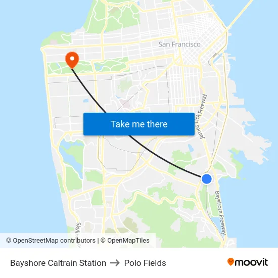 Bayshore Caltrain Station to Polo Fields map
