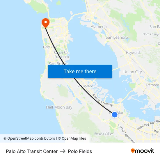 Palo Alto Transit Center to Polo Fields map