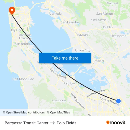 Berryessa Transit Center to Polo Fields map