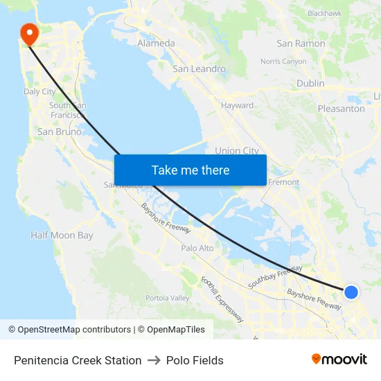Penitencia Creek Station to Polo Fields map