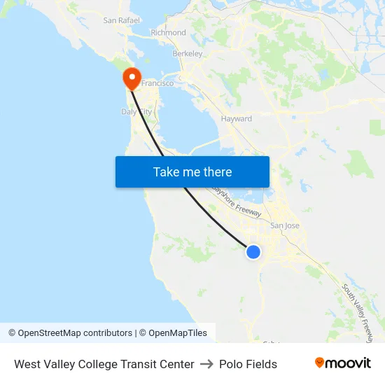 West Valley College Transit Center to Polo Fields map