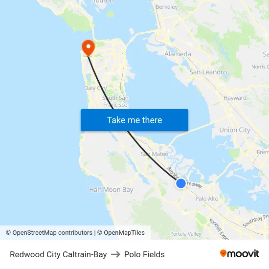 Redwood City Caltrain-Bay to Polo Fields map