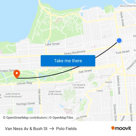 Van Ness Av & Bush St to Polo Fields map