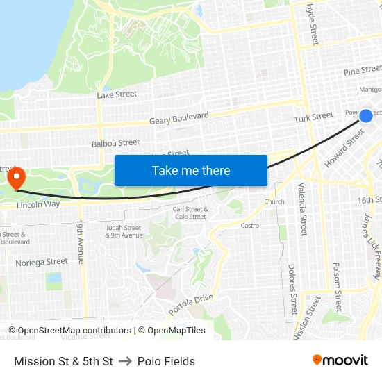 Mission St & 5th St to Polo Fields map