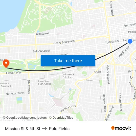 Mission St & 5th St to Polo Fields map