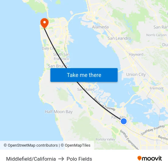 Middlefield/California to Polo Fields map